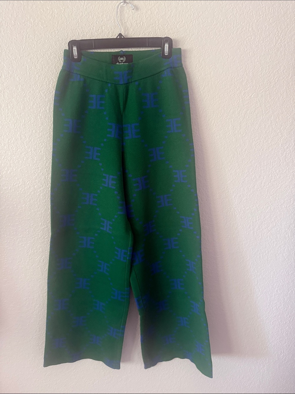 High-Rise Wide Leg Pants in Green with Blue Pattern